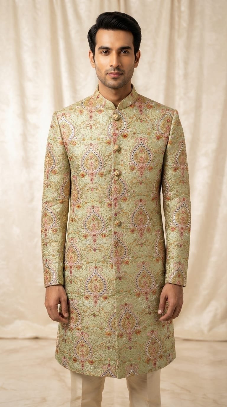 Champagne Floral Embroidered Sherwani